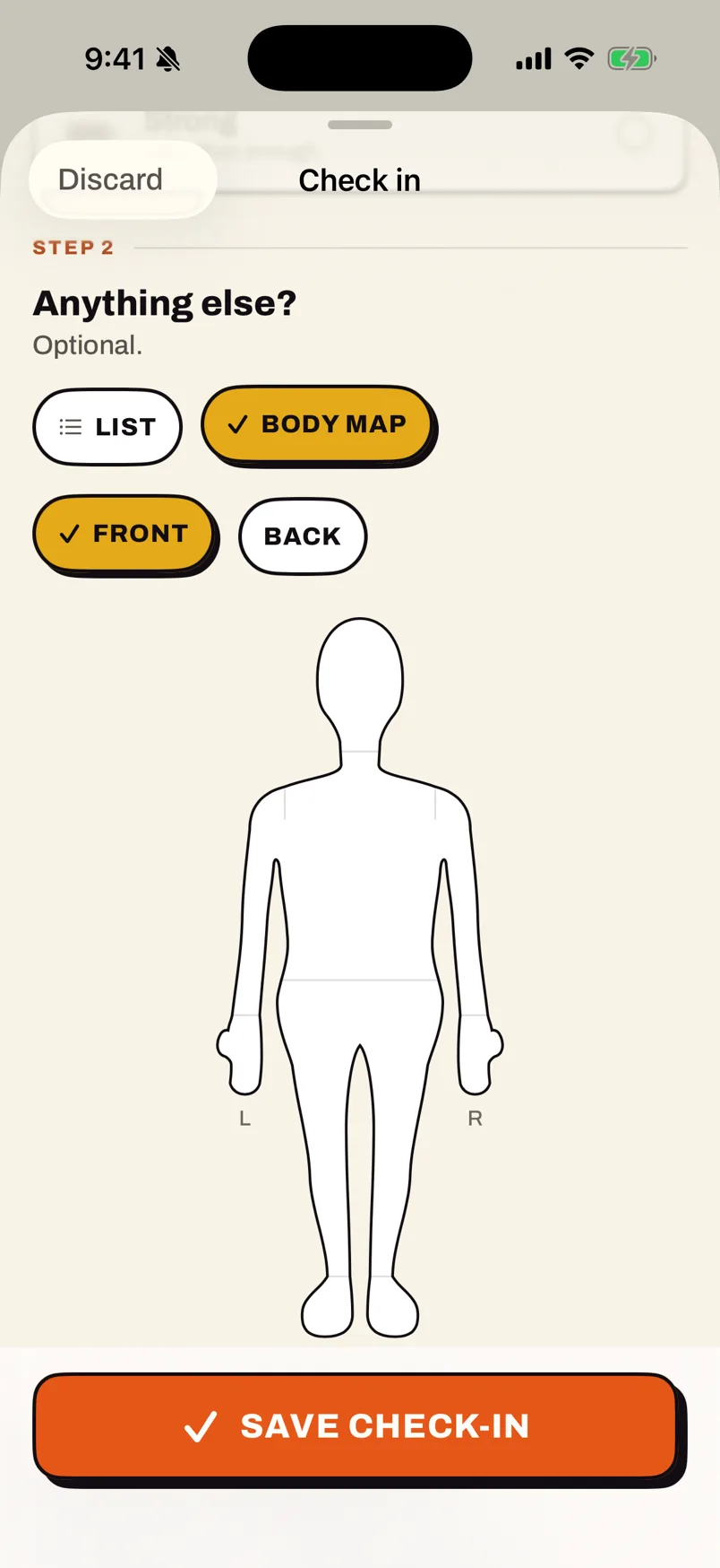 Check-in, step 2: the body map, front view, with L and R marked