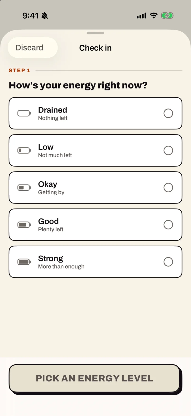 Check-in, step 1: five energy levels from Drained to Strong